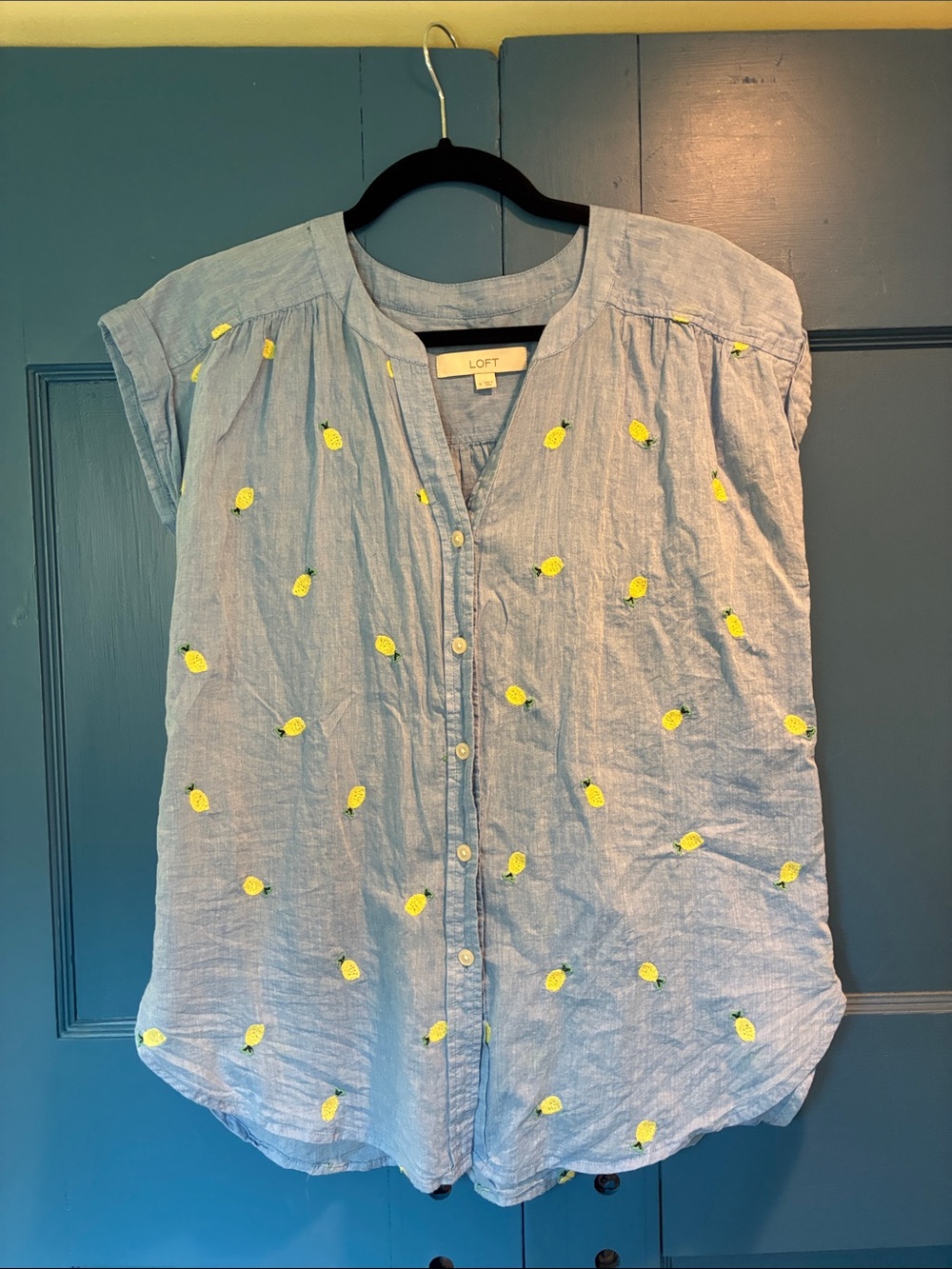 LOFT Light Blue Button-Down Top with Yellow Lemon Embroidery